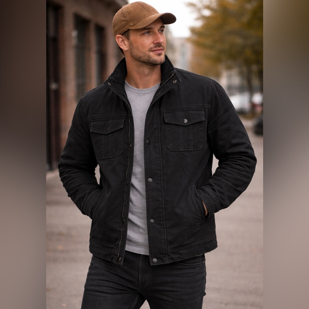 Levis Mens Trucker Work Jacket Black Denim Quilted Lining Button/Zip Vintage (M)